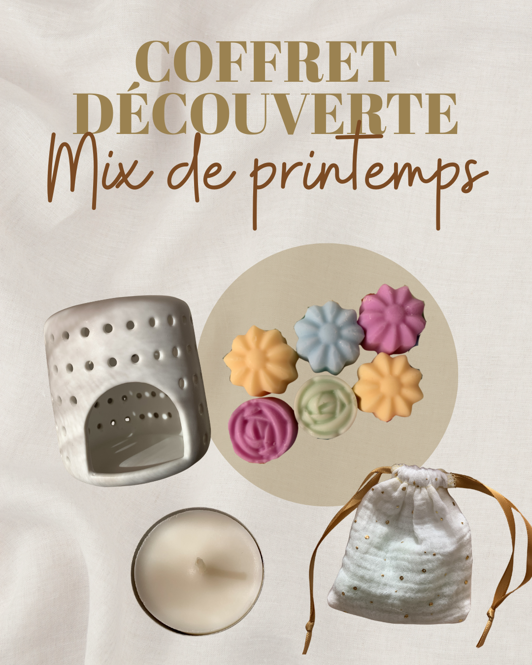 Coffret Découverte – 6 fondants parfumés artisanaux, brûleur, bougie chauffe-plat & pochette en coton